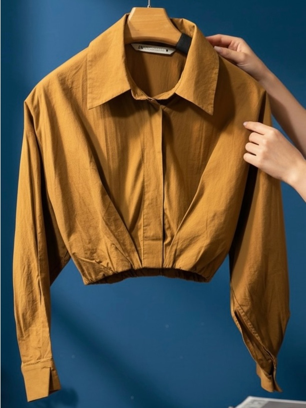 ZARA XS Brown Cropped Button Up Shirt Oversized Balloon Sleeve Blouse